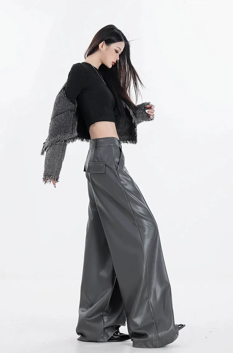 Wide Leg Single-Pleat Faux Leather Pants