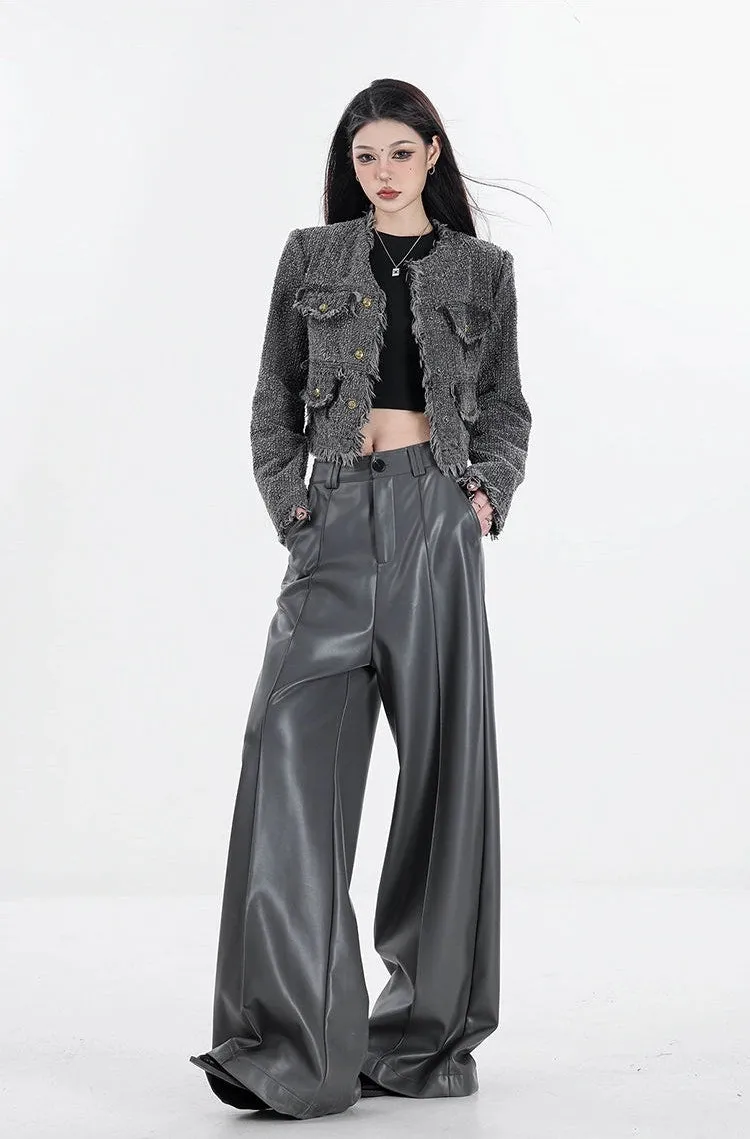 Wide Leg Single-Pleat Faux Leather Pants