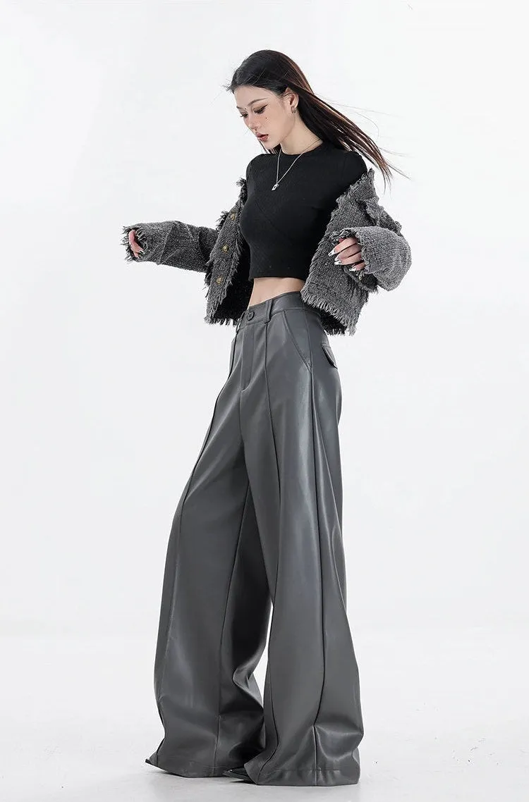 Wide Leg Single-Pleat Faux Leather Pants