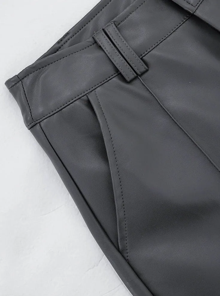 Wide Leg Single-Pleat Faux Leather Pants