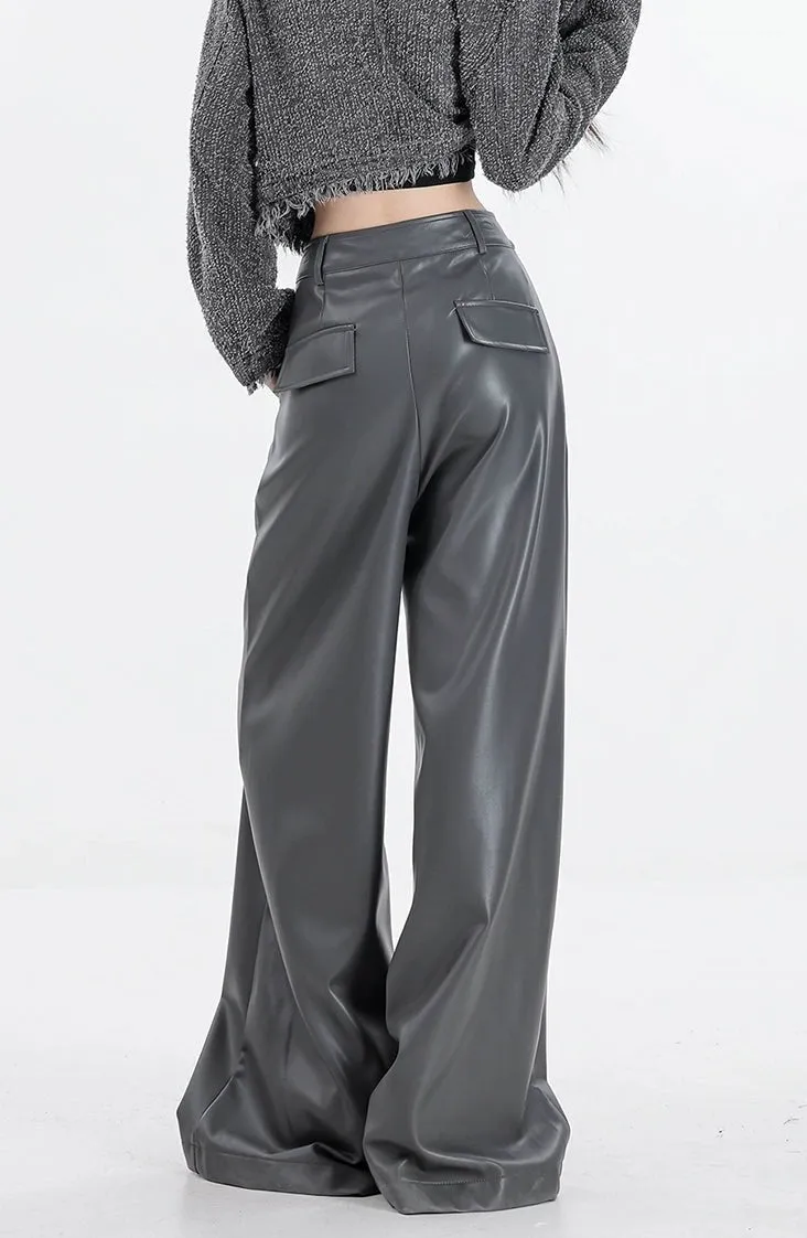 Wide Leg Single-Pleat Faux Leather Pants