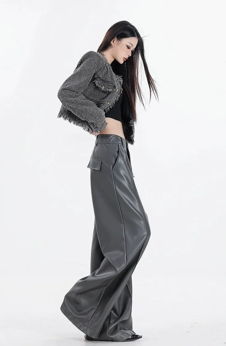 Wide Leg Single-Pleat Faux Leather Pants