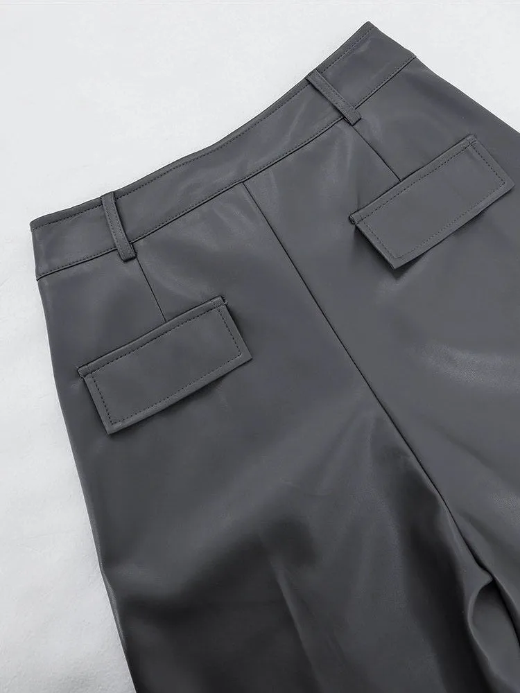 Wide Leg Single-Pleat Faux Leather Pants