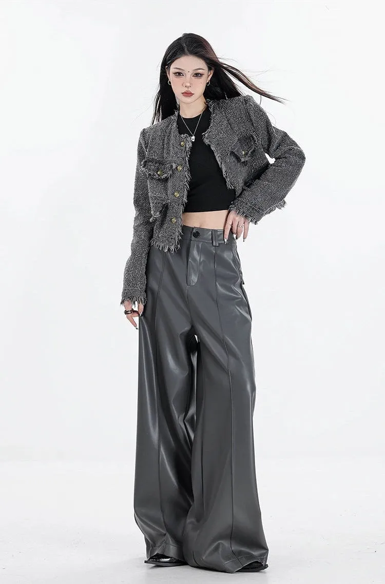 Wide Leg Single-Pleat Faux Leather Pants