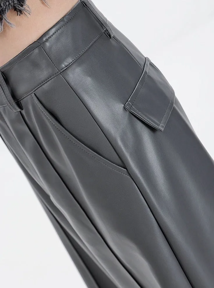 Wide Leg Single-Pleat Faux Leather Pants