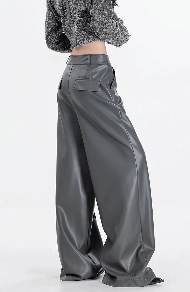 Wide Leg Single-Pleat Faux Leather Pants