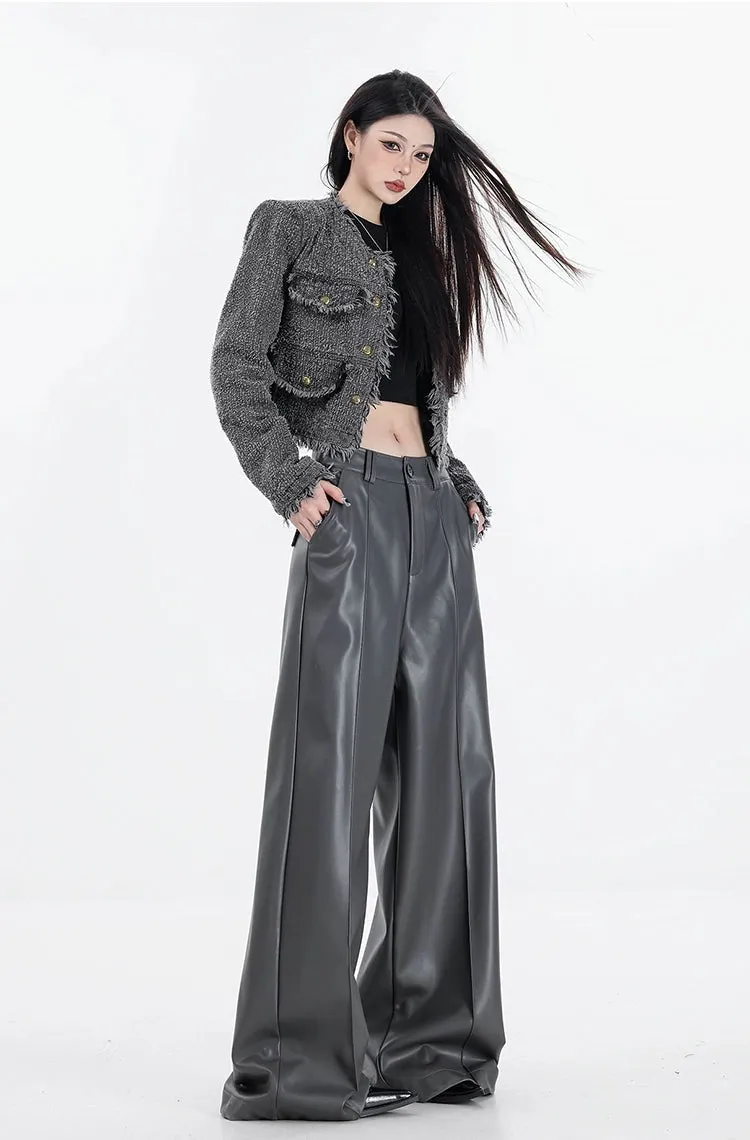 Wide Leg Single-Pleat Faux Leather Pants