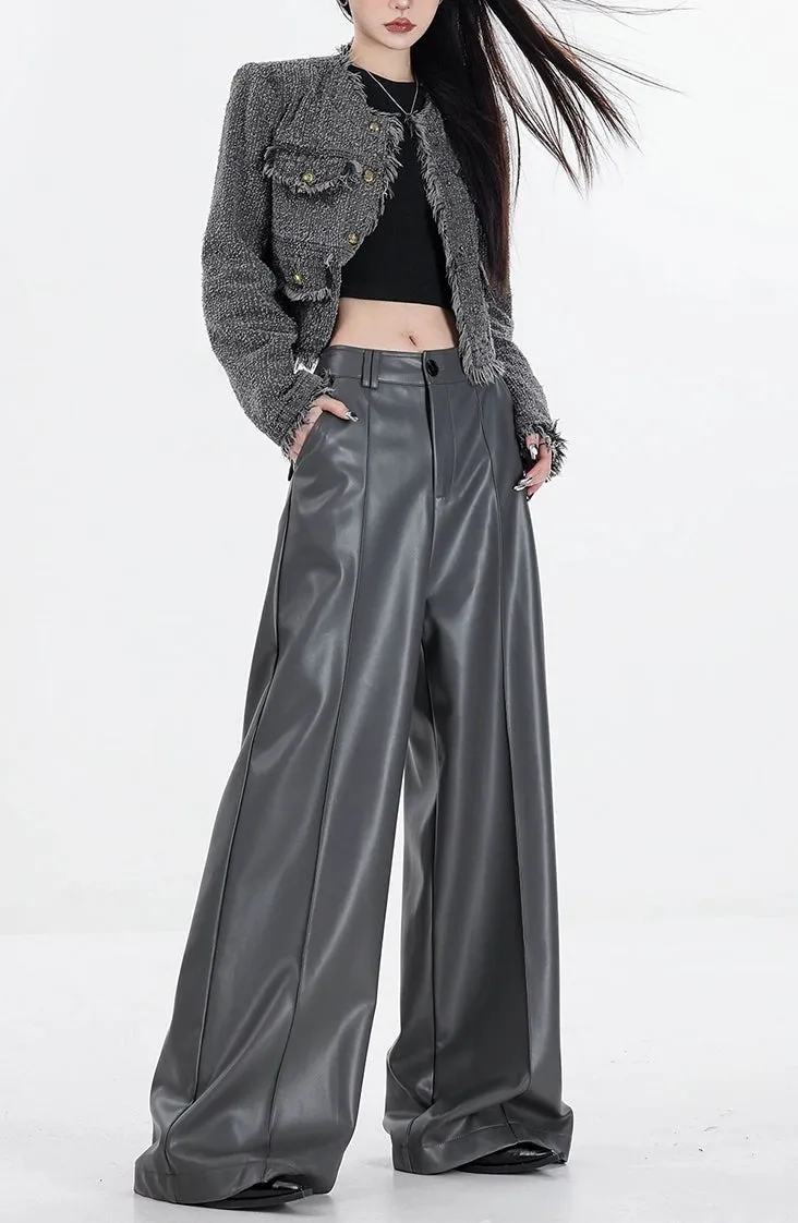 Wide Leg Single-Pleat Faux Leather Pants