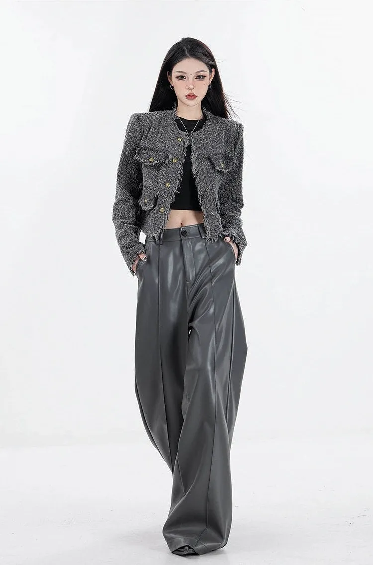 Wide Leg Single-Pleat Faux Leather Pants