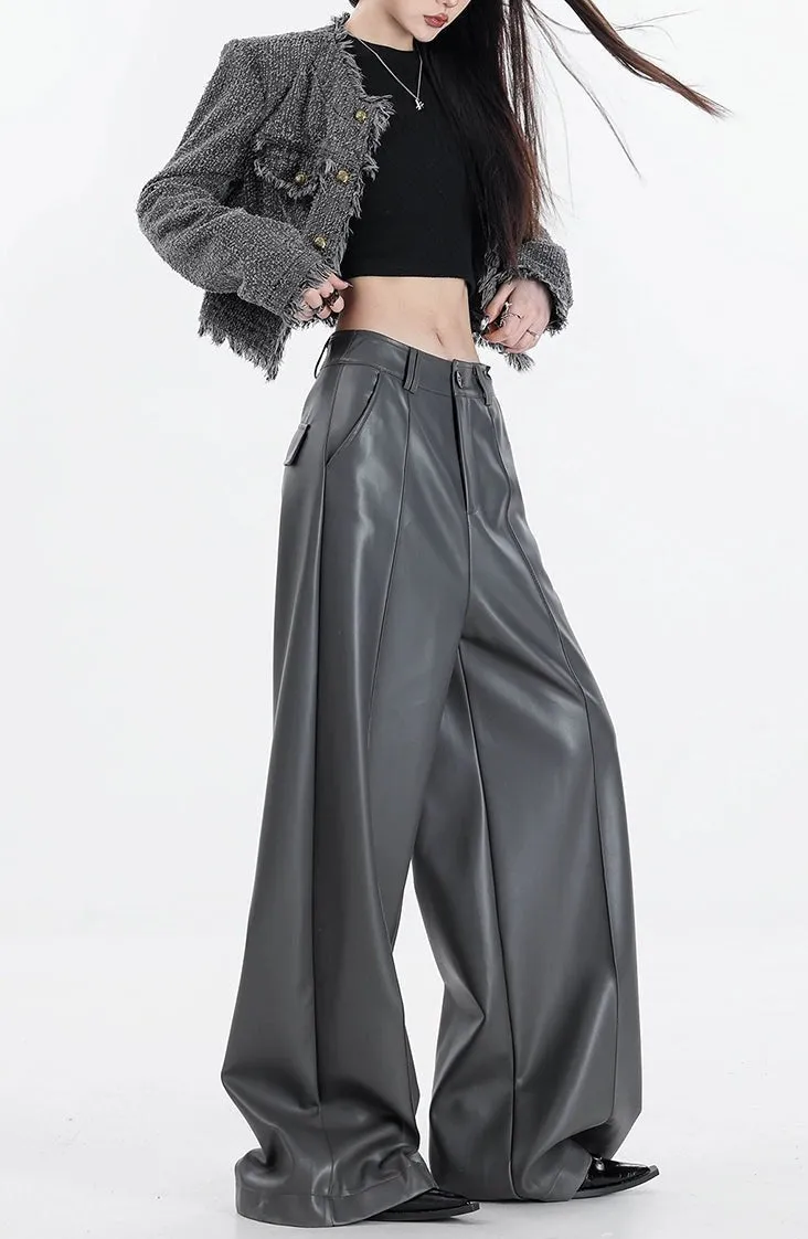 Wide Leg Single-Pleat Faux Leather Pants