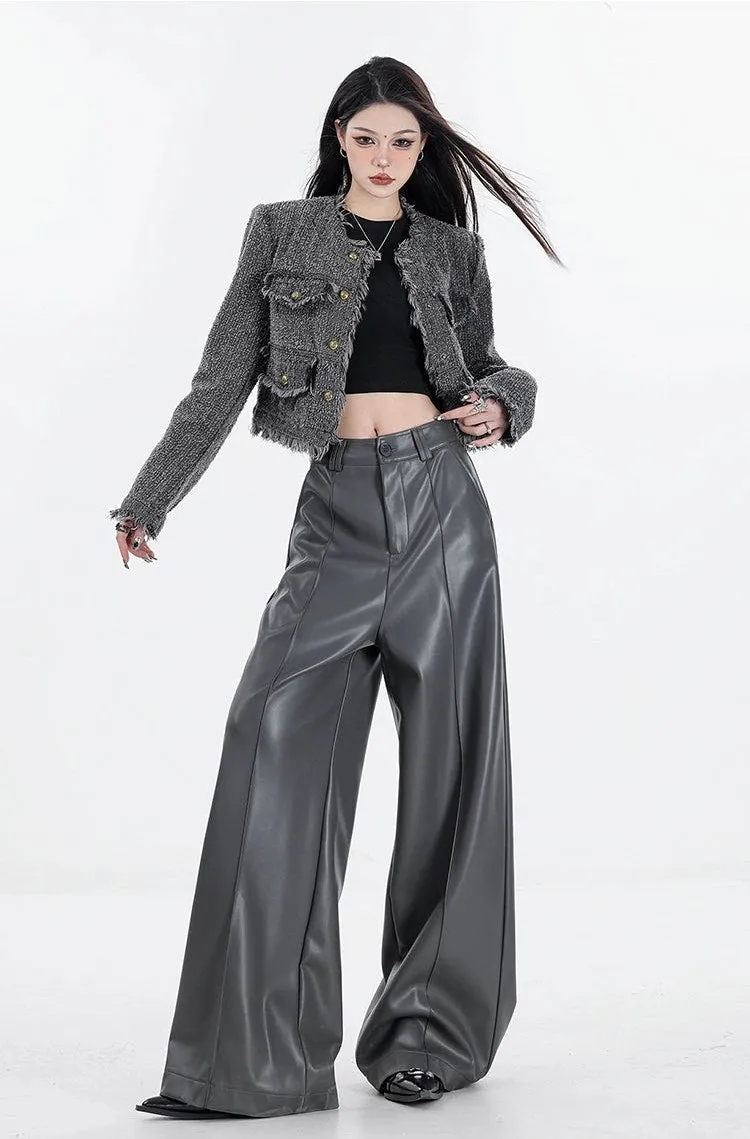 Wide Leg Single-Pleat Faux Leather Pants