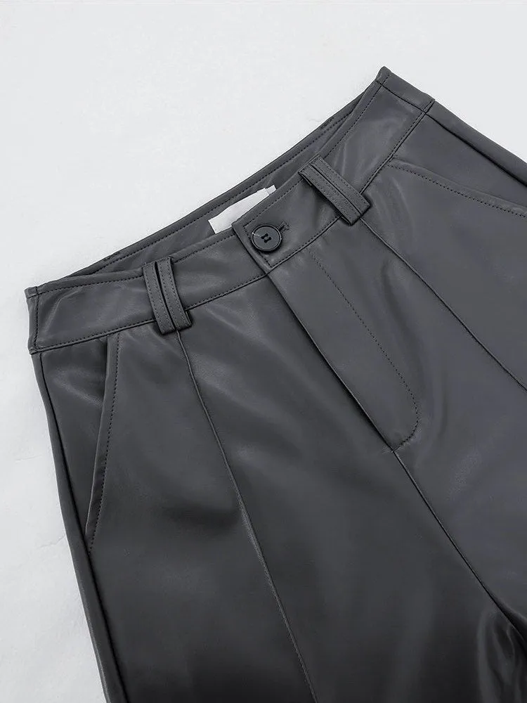 Wide Leg Single-Pleat Faux Leather Pants