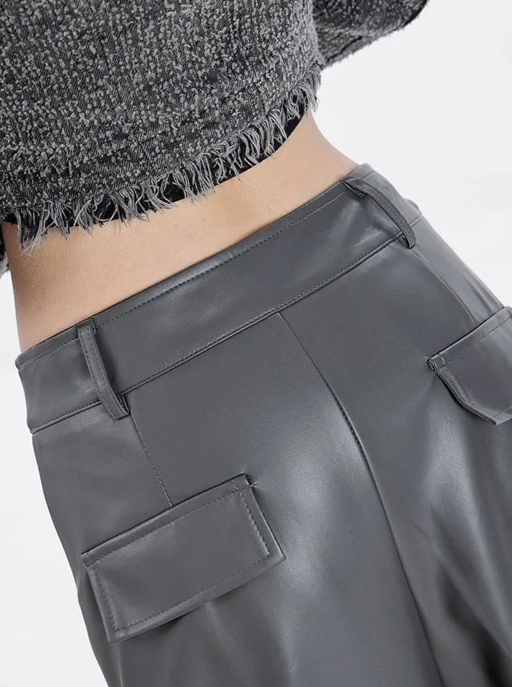 Wide Leg Single-Pleat Faux Leather Pants