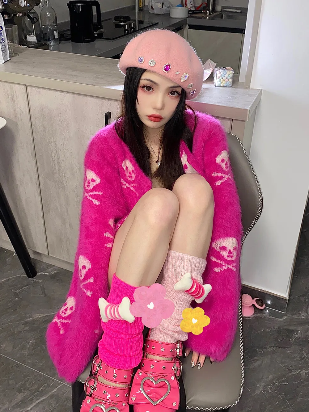 Y2K Inspired Bone Decor Knit Leg Warmers
